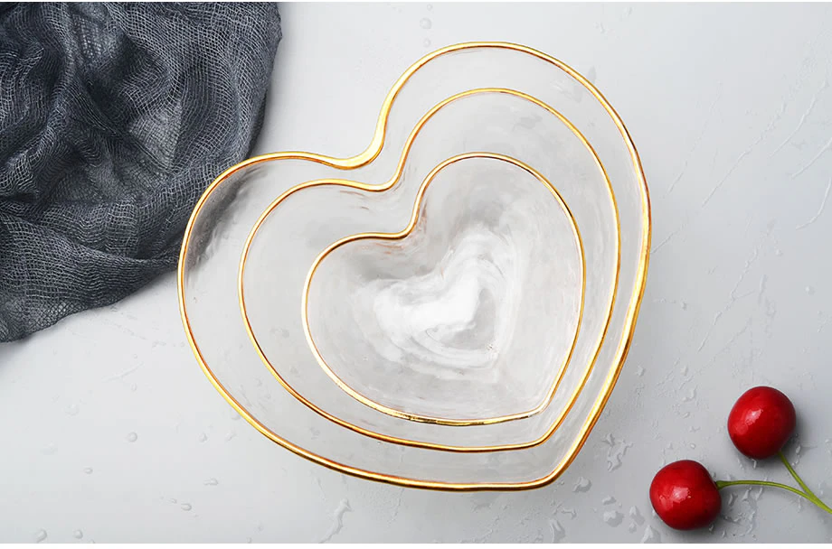 Bowls Coração Transparente/Dourado 3 Tamanhos
