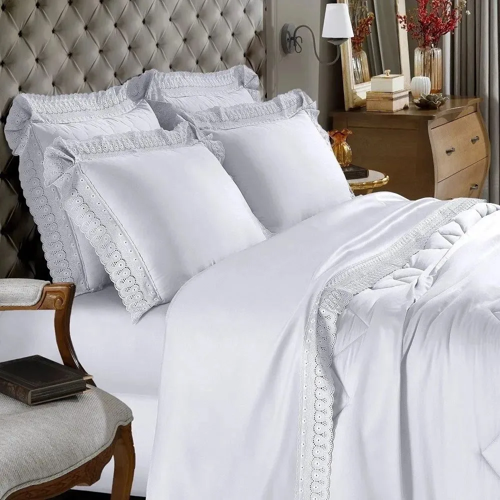 Jogo de Cama Bordado Com Renda Guipir - queen branco