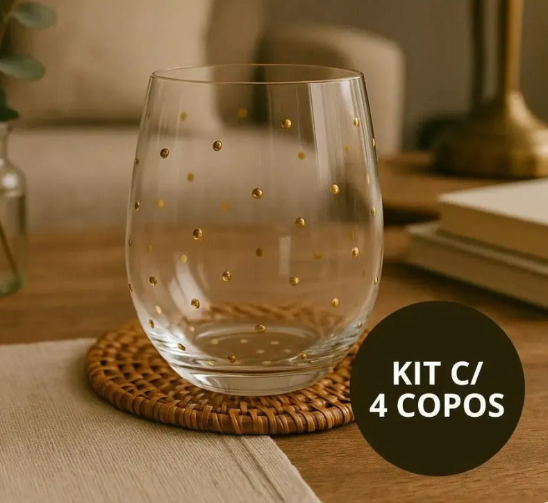 Kit 4 copos - vidro com dourado
